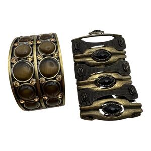 Bold Vintage-Style‎ Gemstone Cuff & Stretch Bracelet Set – Antique Brass Look